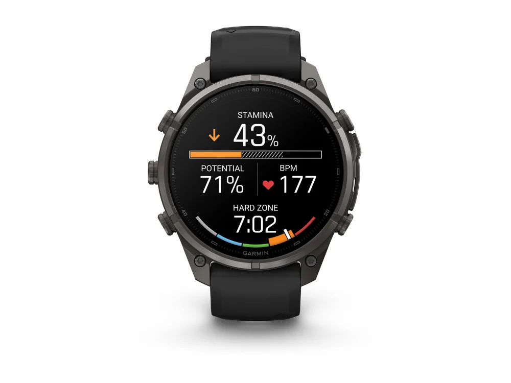 Garmin Fenix 9 Pro inReach 47 mm, карбоново-серый титан, чёрный/серый силиконовый ремешок — вид спереди, другой экран