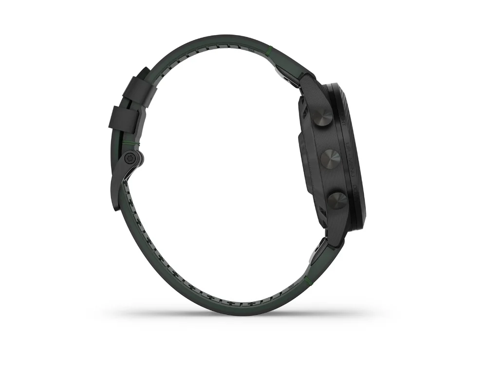 Garmin MARQ Golfer (Gen 2) Carbon Edition, чёрный карбон, чёрно-зелёный гибридный и чёрный силиконовый ремешки — корпус сбоку