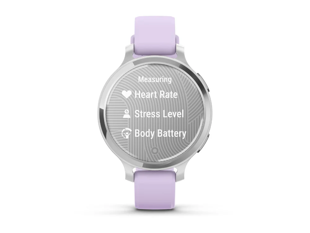Garmin Lily 2 Active, серебристый, фиолетовый силиконовый ремешок — вид спереди, другой экран
