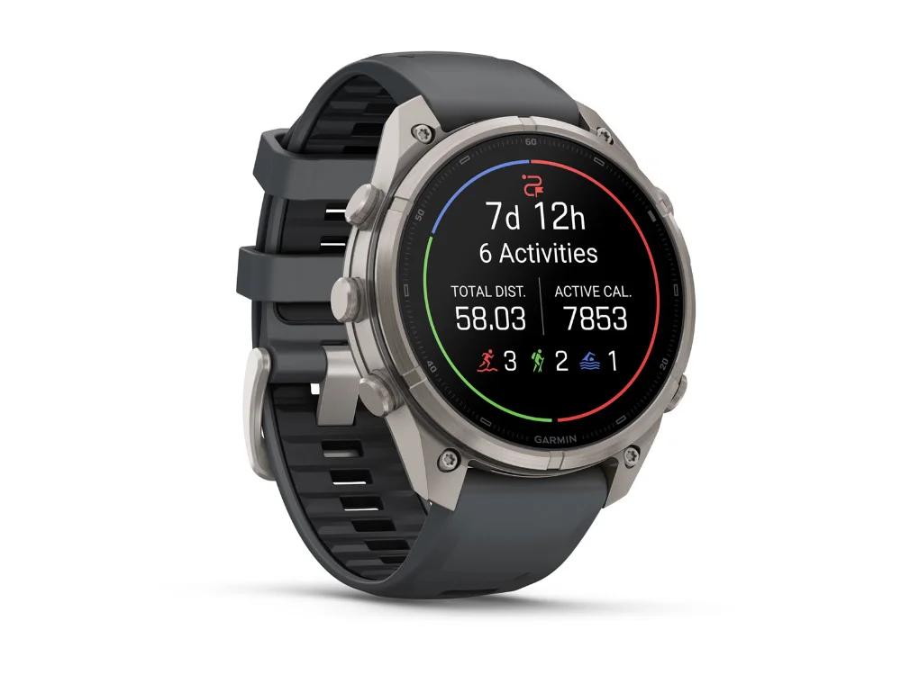 Garmin Fenix 9 Pro inReach 47 mm, титан, графитовый/чёрный силиконовый ремешок — вид сбоку
