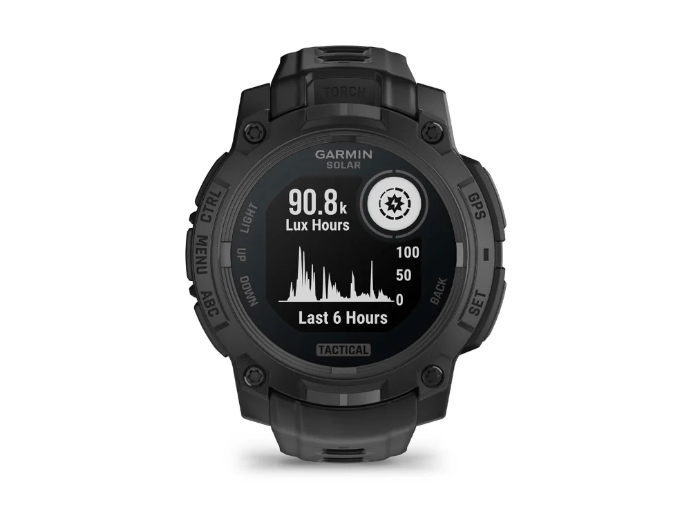 Garmin Instinct 3 Solar Tactical Edition 45 mm, чёрный, чёрный силиконовый ремешок — вид сбоку