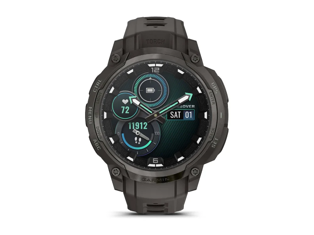 Garmin Instinct Crossover AMOLED, тёмно-серый, тёмно-серый силиконовый ремешок — вид спереди