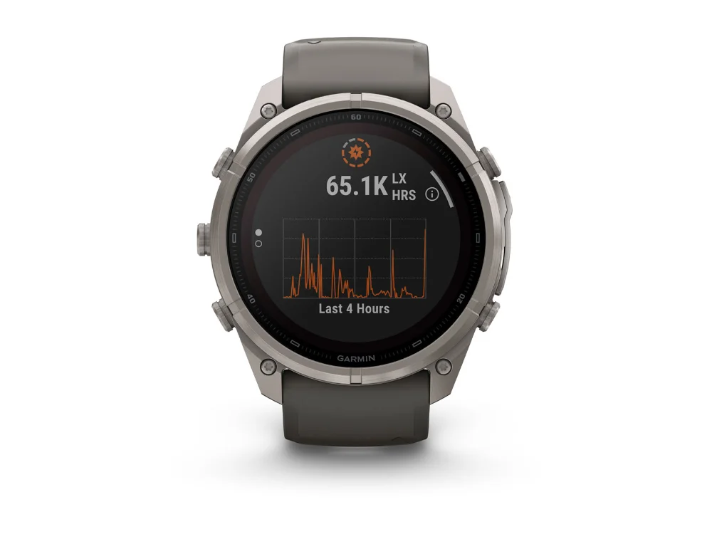 Garmin Fenix 9 Pro Solar 51 mm, титан, серый силиконовый ремешок — вид спереди, другой экран