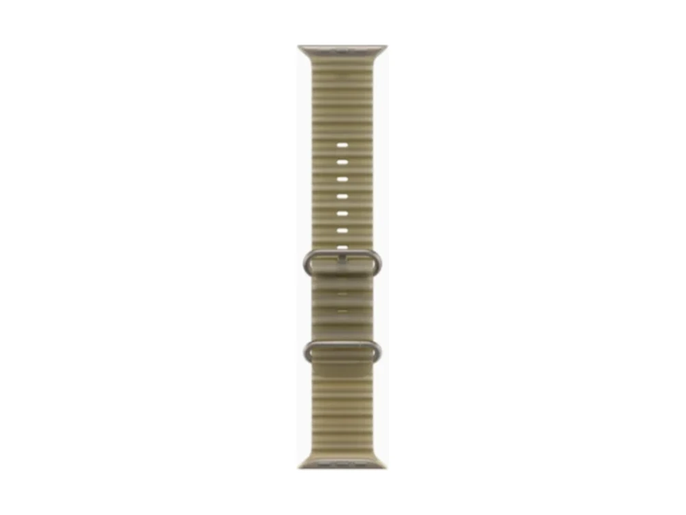 Apple Watch Ultra 4 GPS + Cellular 49 мм Натуральный титан (Natural Titanium) с ремешком Полупрозрачный оливковый Ocean Band (Ocean Band Translucent Kelp) — вид сбоку