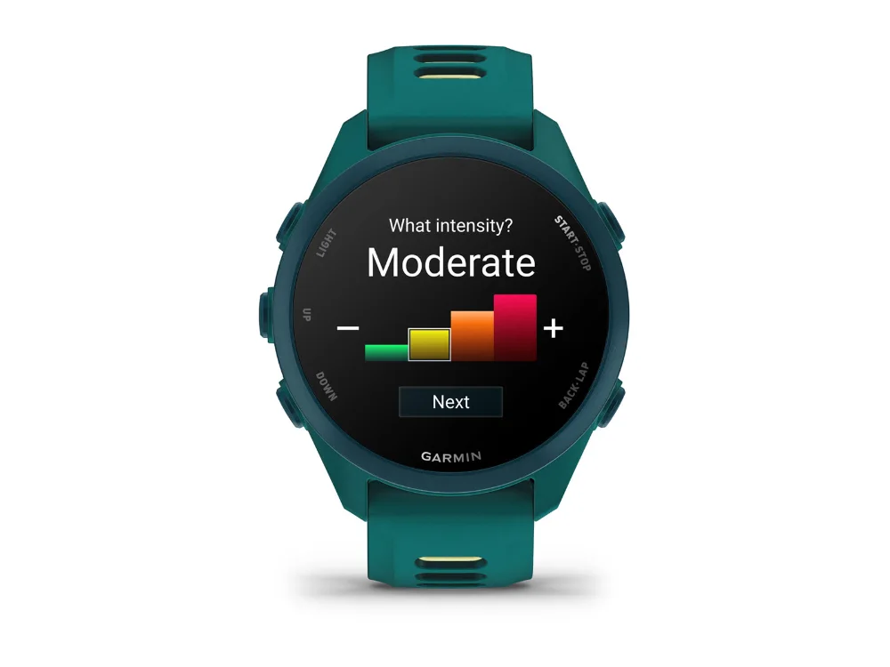 Garmin Forerunner 170 Music, бирюзово-зелёный, бирюзовый/лимонный силиконовый ремешок — вид спереди, другой экран