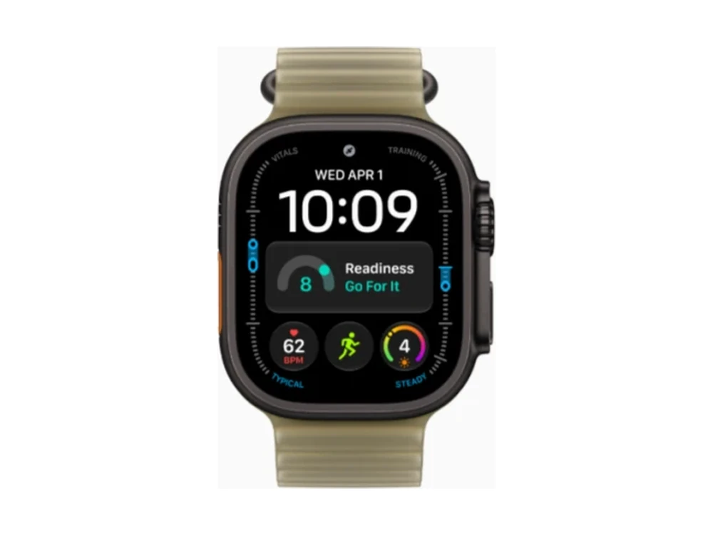 Apple Watch Ultra 4 GPS + Cellular 49 мм Чёрный титан (Black Titanium) с ремешком Полупрозрачный оливковый Ocean Band (Ocean Band Translucent Kelp) — детальный вид