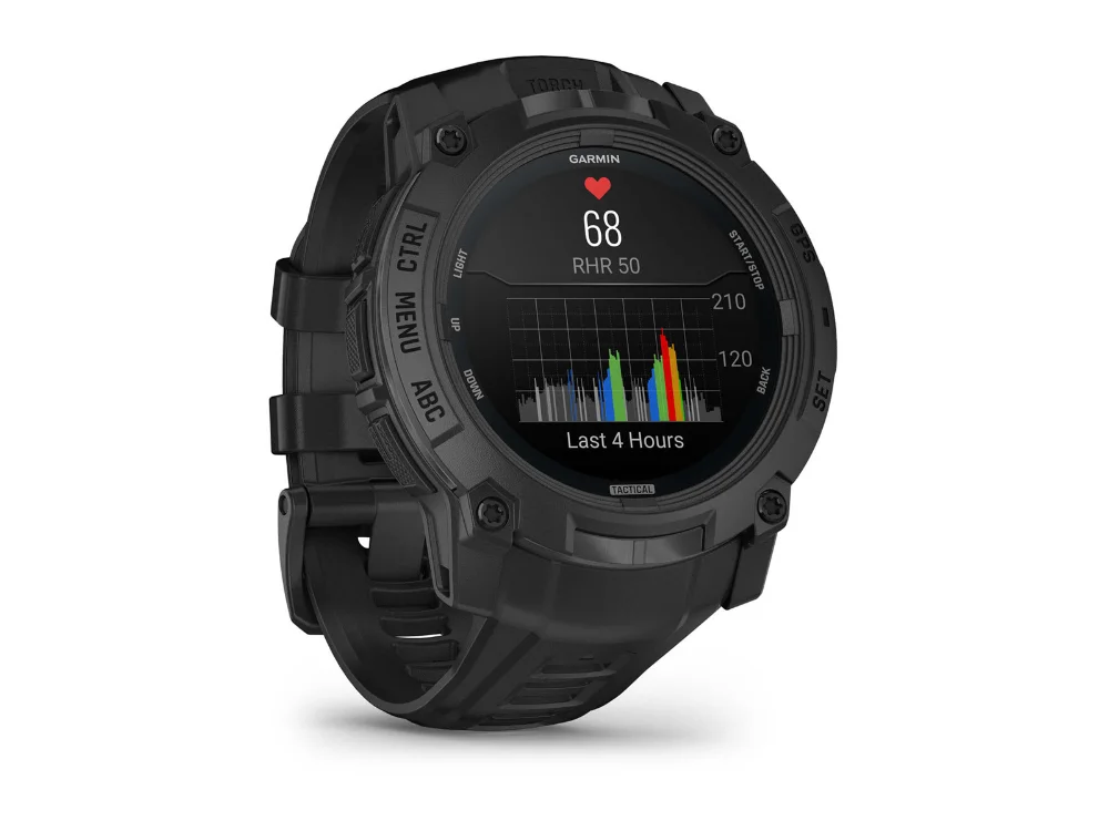 Garmin Instinct 3 AMOLED Tactical Edition 50 mm, чёрный, чёрный силиконовый ремешок — вид сбоку