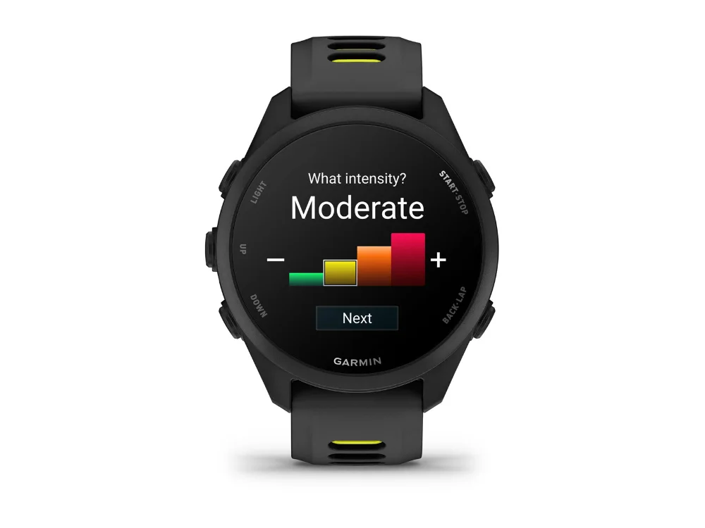 Garmin Forerunner 170 Music, чёрный, чёрный/жёлтый силиконовый ремешок — вид спереди, другой экран