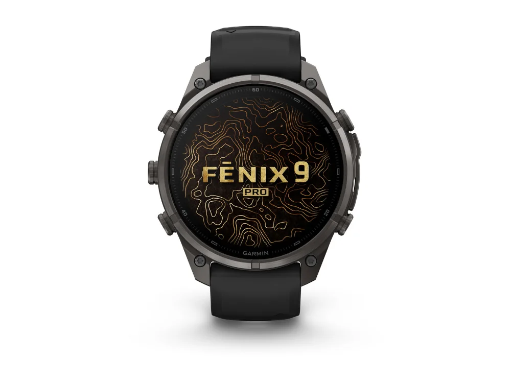 Garmin Fenix 9 Pro inReach 47 mm, карбоново-серый титан, чёрный/серый силиконовый ремешок — вид спереди