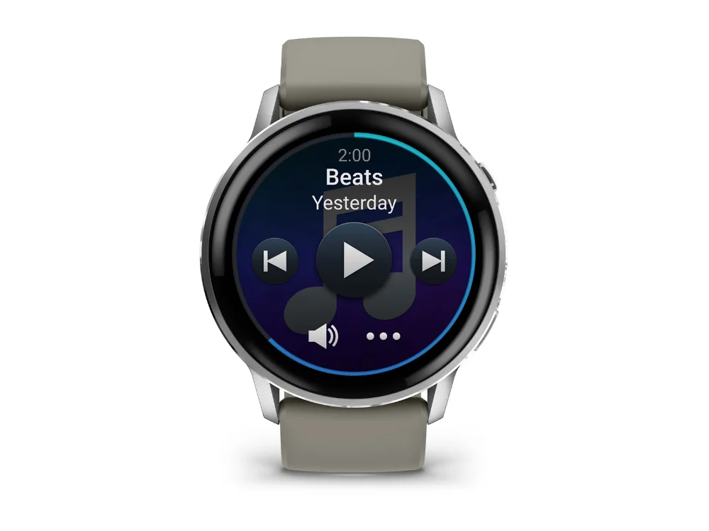Garmin Venu 4 45 mm, серебристый, серый силиконовый ремешок — вид спереди, другой экран