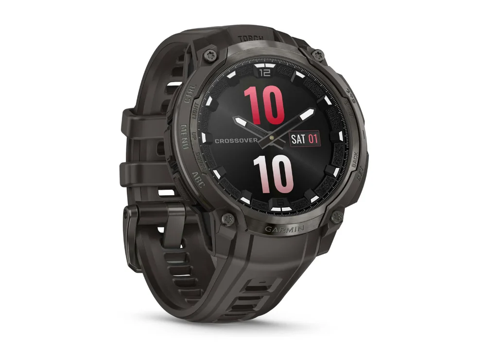 Garmin Instinct Crossover AMOLED, тёмно-серый, тёмно-серый силиконовый ремешок — вид сбоку