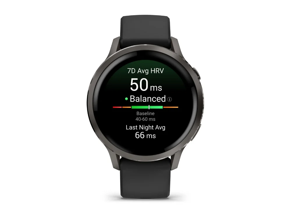 Garmin Venu 4 41 mm, тёмно-серый, чёрный силиконовый ремешок — вид спереди