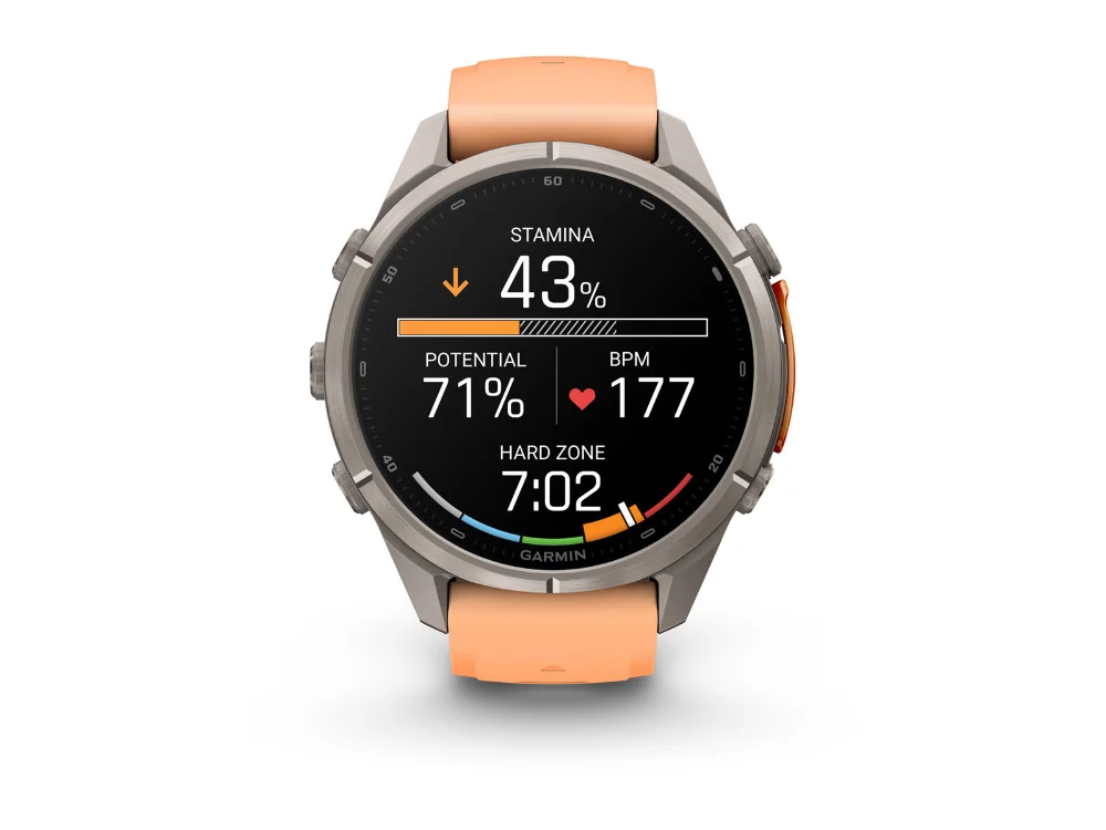 Garmin Fenix 9 Pro inReach 43 mm, титан, розовый/оранжевый силиконовый ремешок — вид спереди, другой экран