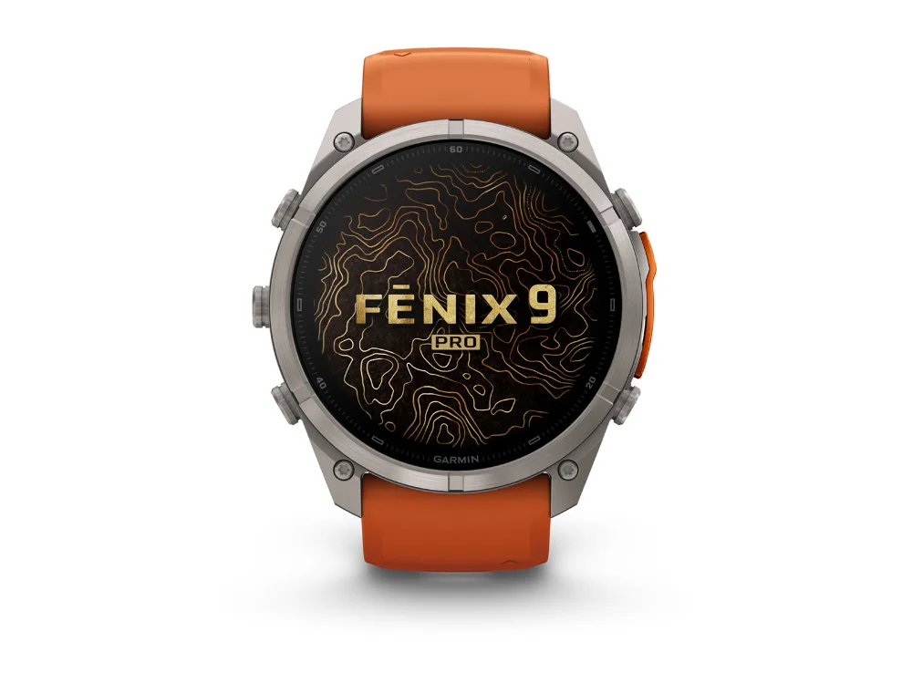 Garmin Fenix 9 Pro inReach 51 mm, титан, оранжевый силиконовый ремешок — вид спереди