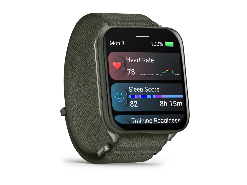 Garmin Venu X1, болотный, болотный нейлоновый ремешок — вид сбоку
