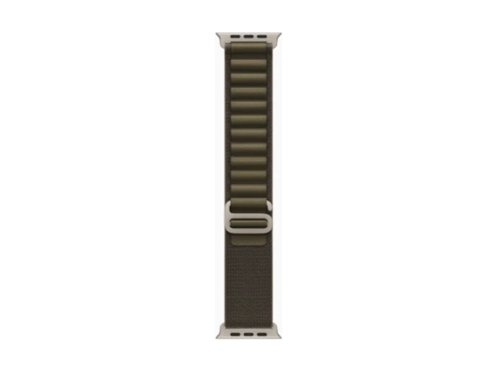 Apple Watch Ultra 4 GPS + Cellular 49 мм Натуральный титан (Natural Titanium) с ремешком Тёмно-оливковый Alpine Loop (Alpine Loop Dark Olive) — вид сбоку
