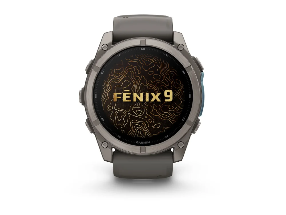 Garmin Fenix 9 51 mm, титан, серый силиконовый ремешок — вид спереди