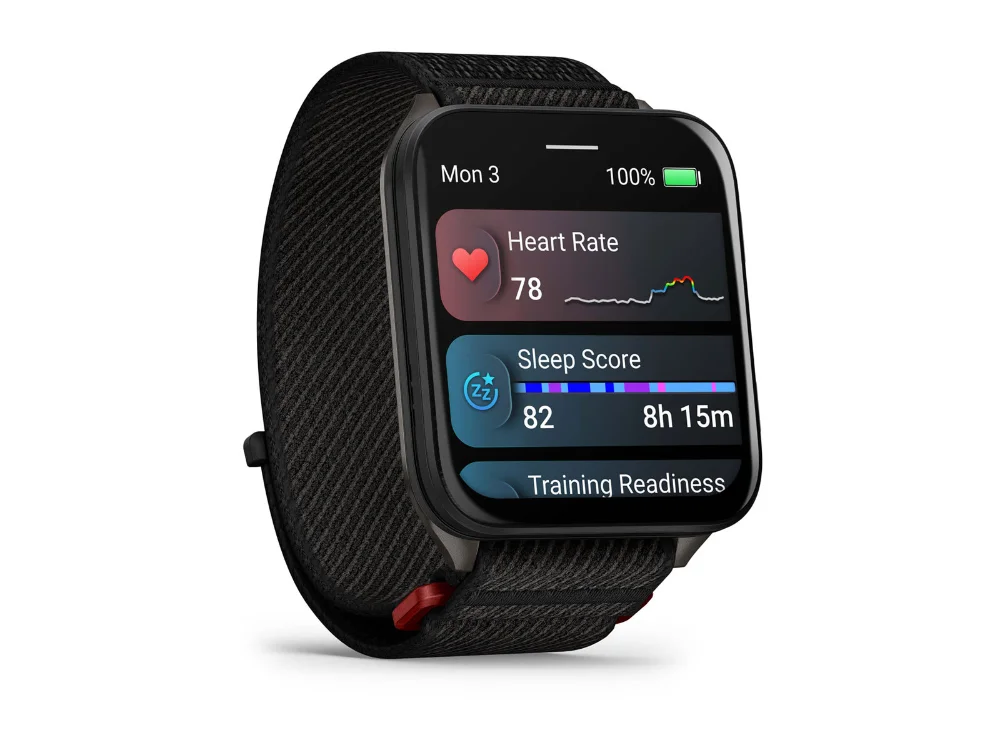 Garmin Venu X1, чёрный, чёрный нейлоновый ремешок — вид сбоку