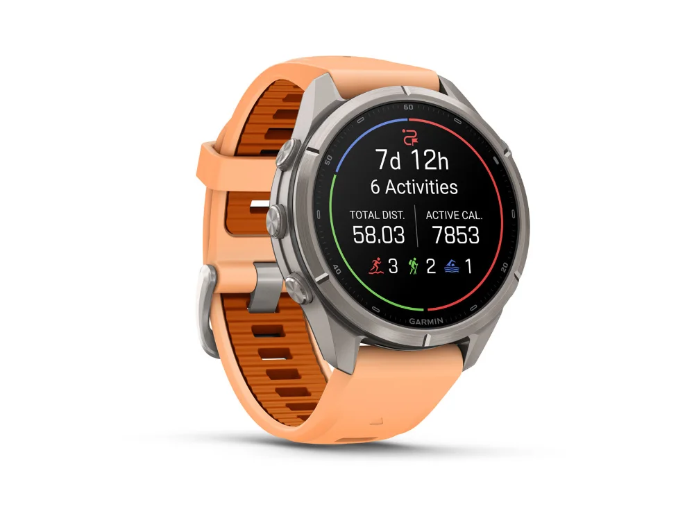 Garmin Fenix 9 Pro inReach 43 mm, титан, розовый/оранжевый силиконовый ремешок — вид сбоку