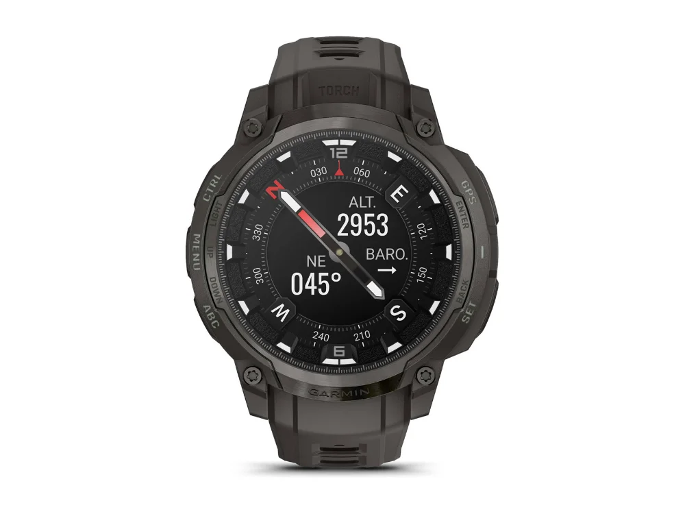 Garmin Instinct Crossover AMOLED, тёмно-серый, тёмно-серый силиконовый ремешок — вид спереди, другой экран