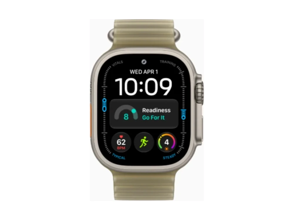 Apple Watch Ultra 4 GPS + Cellular 49 мм Натуральный титан (Natural Titanium) с ремешком Полупрозрачный оливковый Ocean Band (Ocean Band Translucent Kelp) — детальный вид