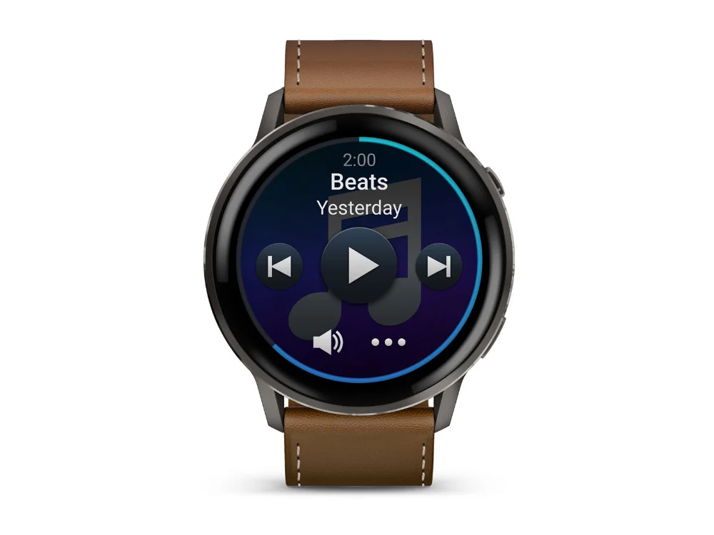 Garmin Venu 4 45 mm, тёмно-серый, чёрный силиконовый и коричневый кожаный ремешки — вид спереди, другой экран