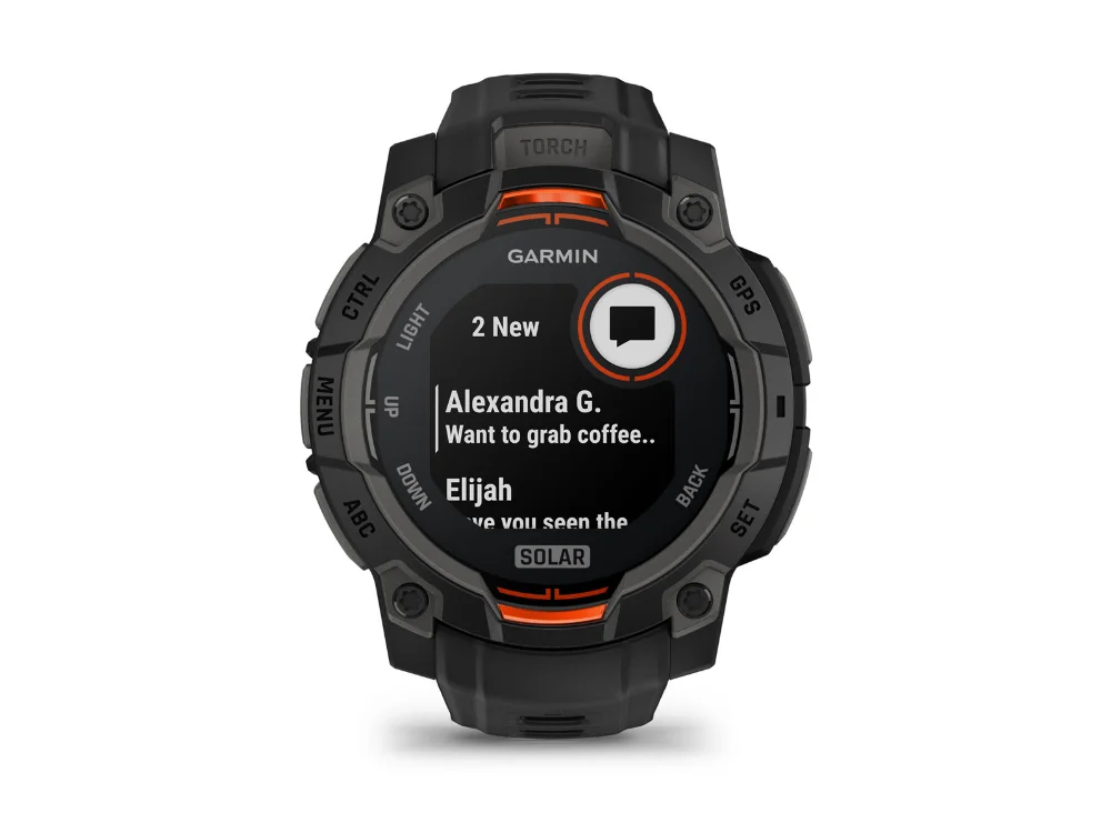 Garmin Instinct 3 Solar 45 mm, чёрный, чёрный силиконовый ремешок — вид спереди, другой экран