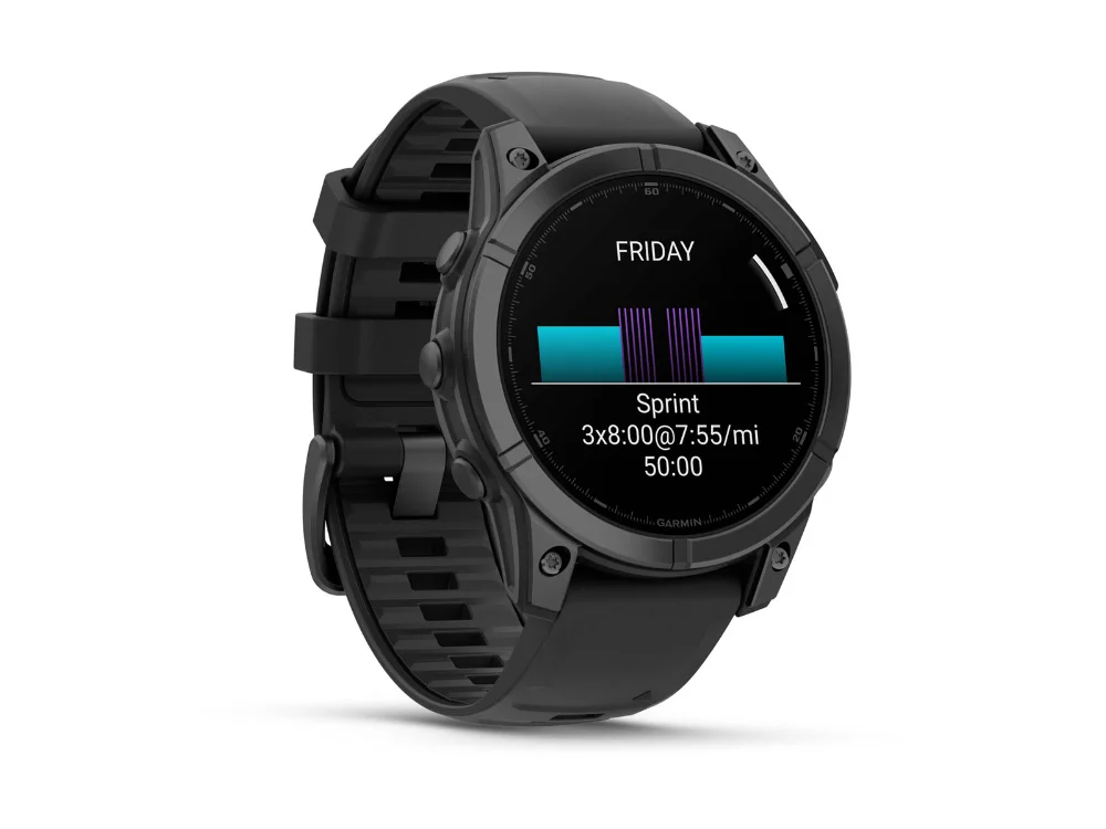 Garmin Fenix E AMOLED 47 mm, тёмно-серый, чёрный силиконовый ремешок — вид сбоку