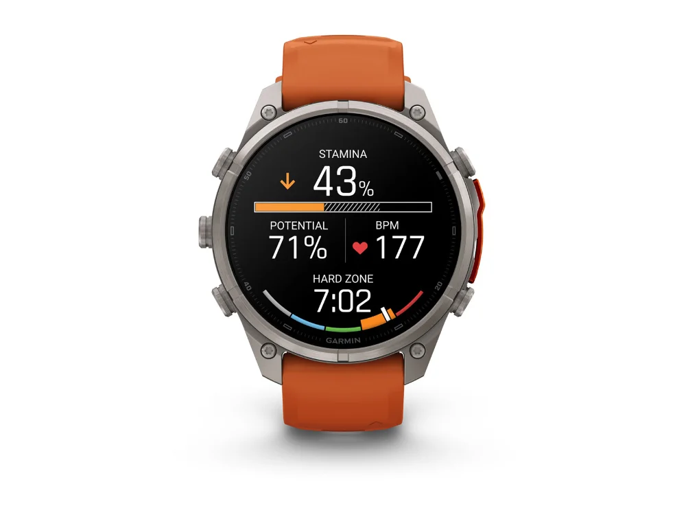 Garmin Fenix 9 Pro inReach 47 mm, титан, оранжевый силиконовый ремешок — вид спереди, другой экран