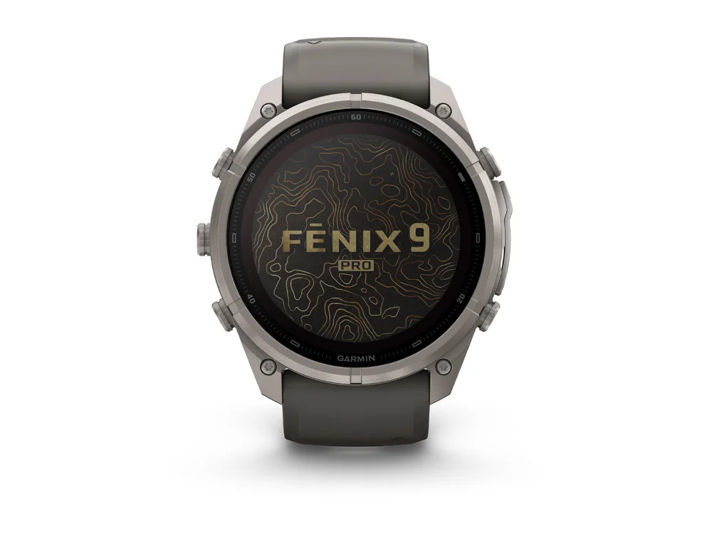 Garmin Fenix 9 Pro Solar 51 mm, титан, серый силиконовый ремешок — вид спереди