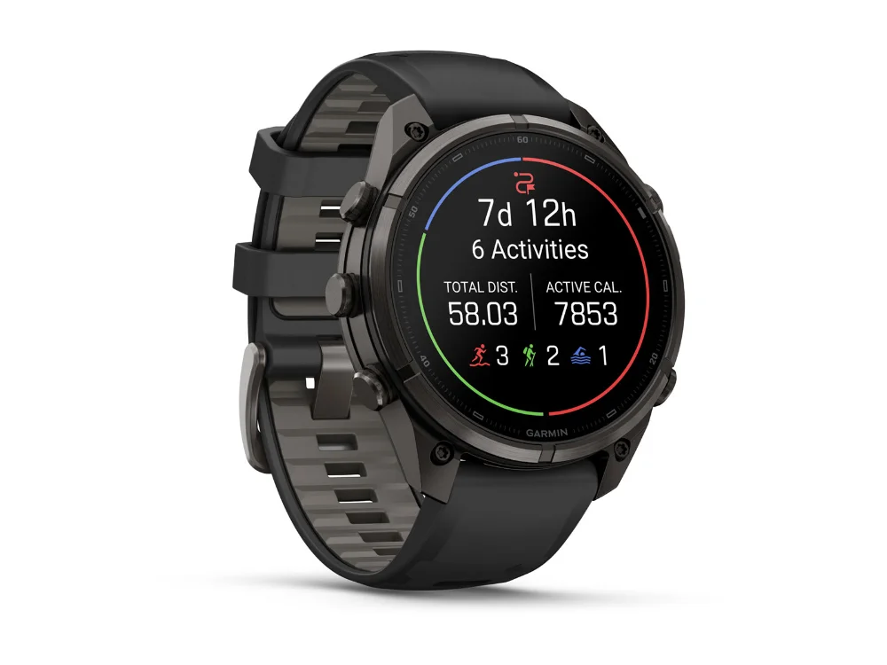 Garmin Fenix 9 Pro 47 mm, карбоново-серый титан, чёрный/серый силиконовый ремешок — вид сбоку