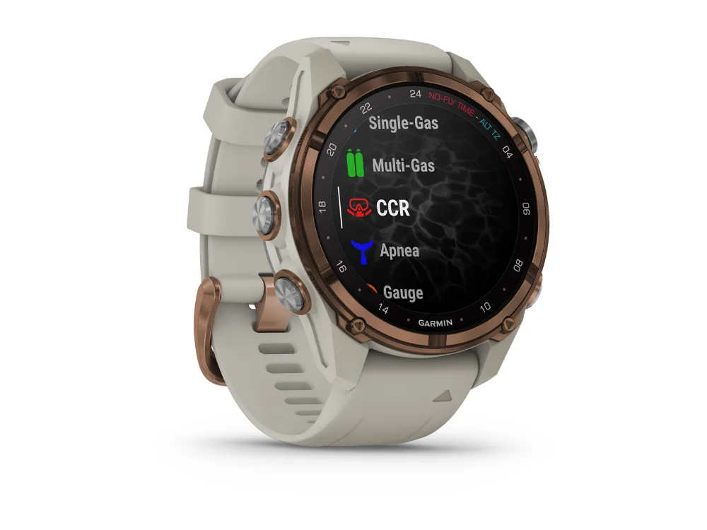 Garmin Descent Mk3i 43 mm, бронзовый титан, светло-серый силиконовый ремешок — вид сбоку