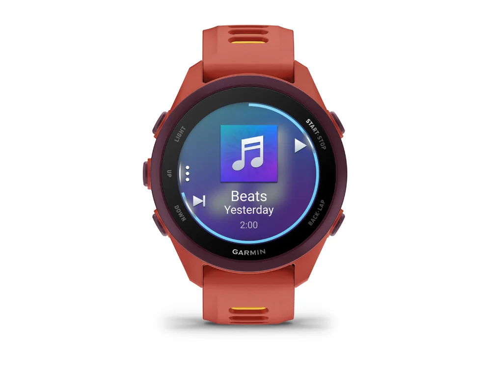 Garmin Forerunner 170 Music, красно-розовый, красно-розовый/оранжевый силиконовый ремешок — вид спереди