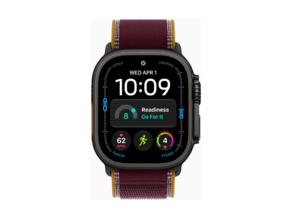 Apple Watch Ultra 4 GPS + Cellular 49 мм Чёрный титан (Black Titanium) с ремешком Бордовый Trail Loop (Trail Loop Burgundy) — детальный вид