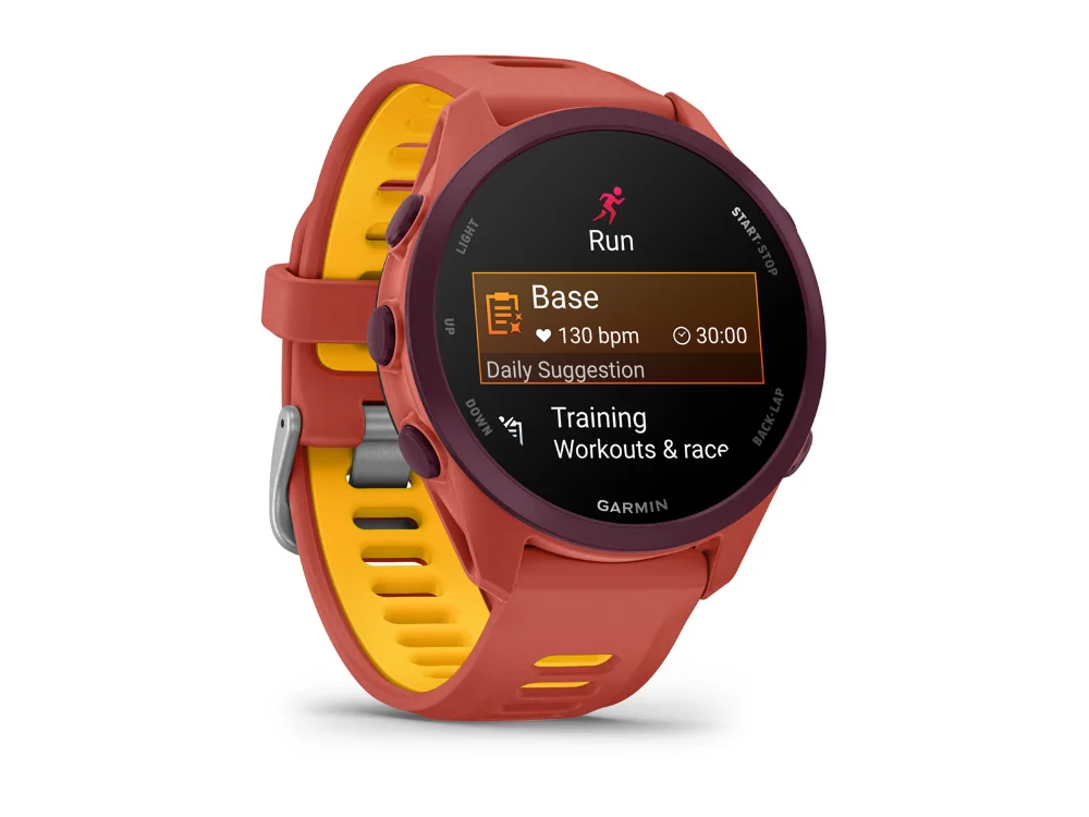Garmin Forerunner 170 Music, красно-розовый, красно-розовый/оранжевый силиконовый ремешок — вид сбоку