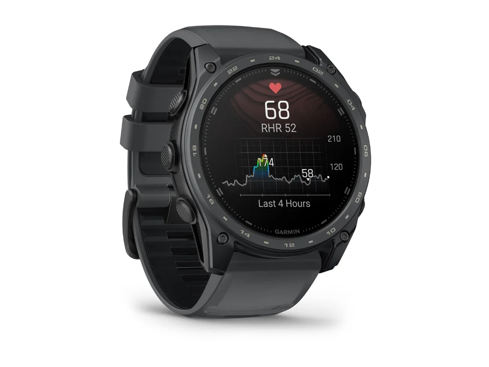 Garmin Tactix 8 AMOLED Cerakote 51 mm, серый Cerakote, двухцветный силиконовый ремешок — вид сбоку