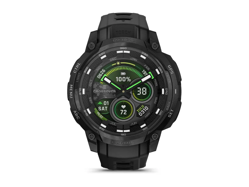 Garmin Instinct Crossover AMOLED Tactical Edition, чёрный, чёрный силиконовый ремешок — вид спереди