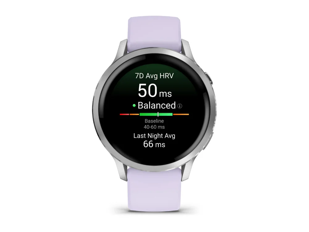 Garmin Venu 4 41 mm, серебристый, сиренево-голубой силиконовый ремешок — вид спереди