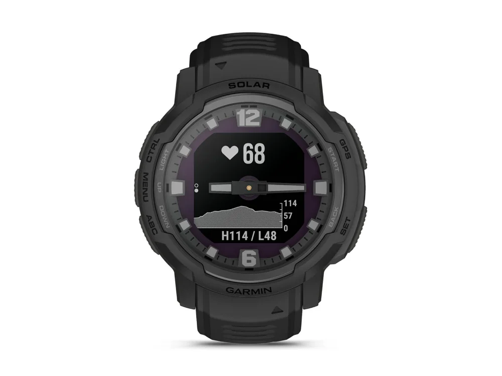 Garmin Instinct Crossover Solar Tactical Edition, чёрный, чёрный силиконовый ремешок — вид спереди, другой экран
