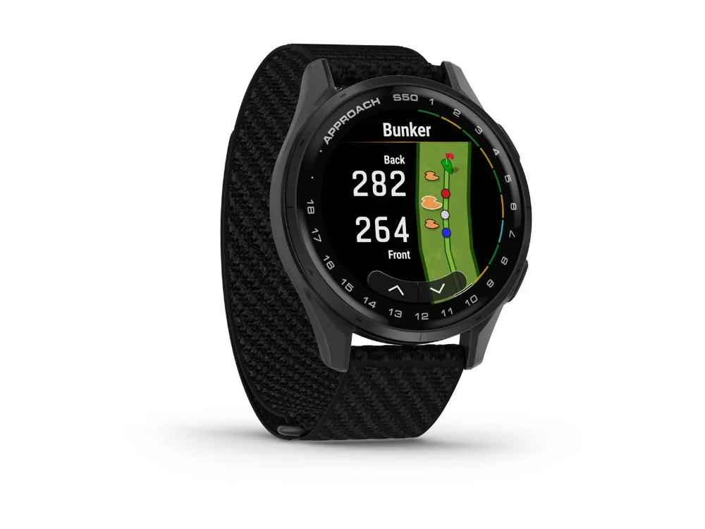 Garmin Approach S50, тёмно-серый алюминий, чёрный нейлоновый ремешок — вид сбоку