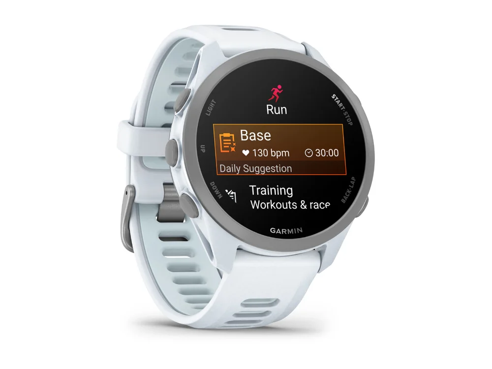 Garmin Forerunner 170, белый, белый/голубой силиконовый ремешок — вид сбоку