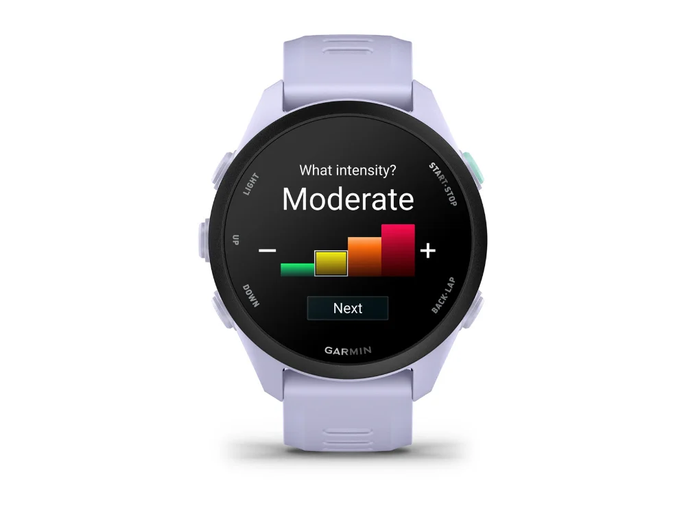 Garmin Forerunner 70, лавандовый, лавандовый силиконовый ремешок — вид спереди, другой экран