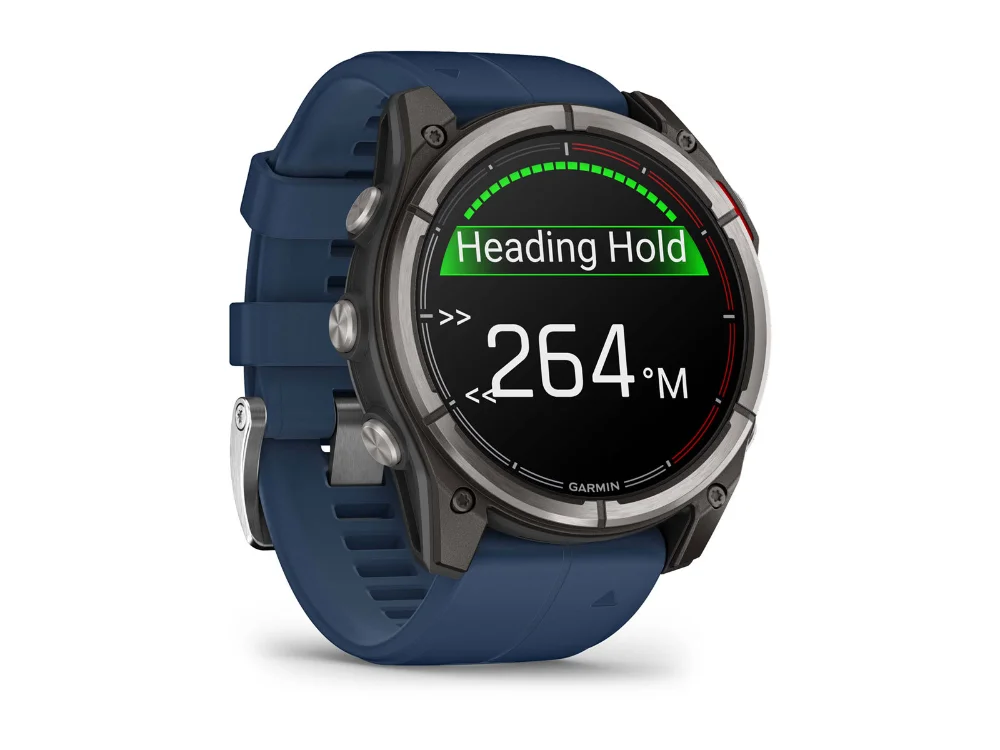 Garmin Quatix 8 AMOLED 51 mm, титан, синий силиконовый ремешок — вид сбоку
