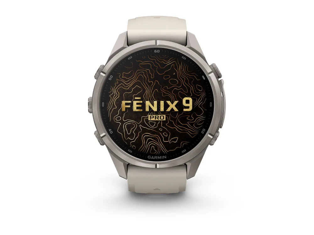 Garmin Fenix 9 Pro inReach 43 mm, титан, серый/песочный силиконовый ремешок — вид спереди