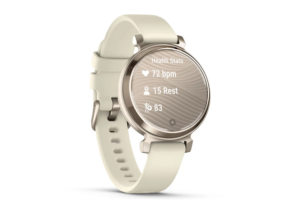 Garmin Lily 2, кремовое золото, молочный силиконовый ремешок — вид сбоку