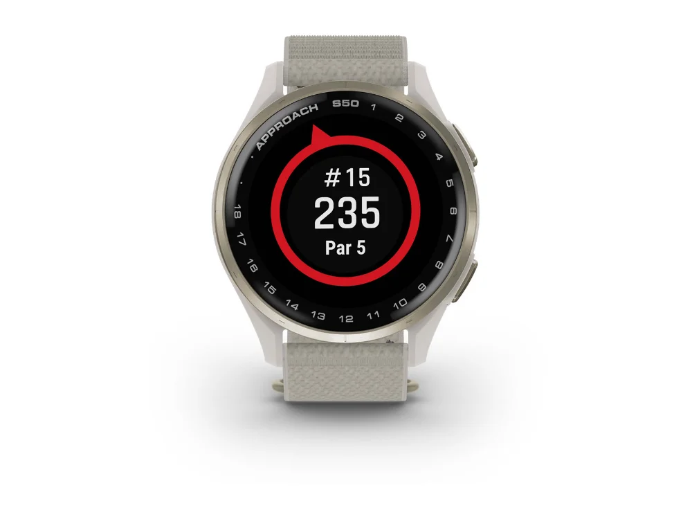 Garmin Approach S50, кремовое золото, нейлоновый ремешок цвета слоновой кости — вид спереди, другой экран