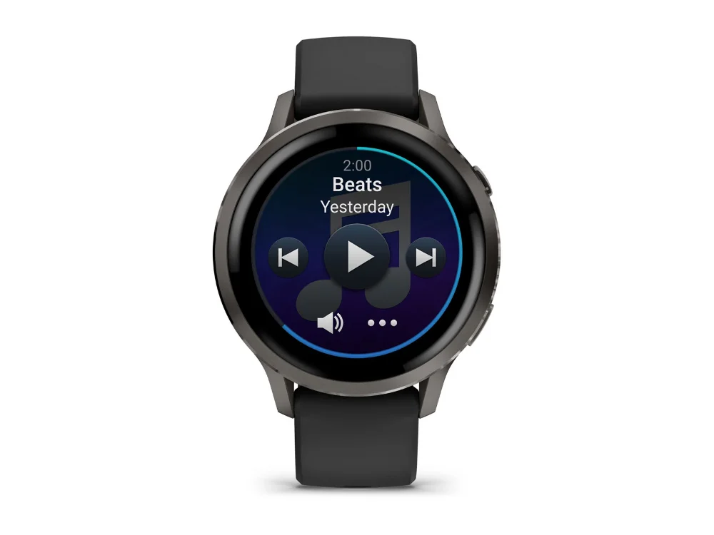Garmin Venu 4 41 mm, тёмно-серый, чёрный силиконовый ремешок — вид спереди, другой экран