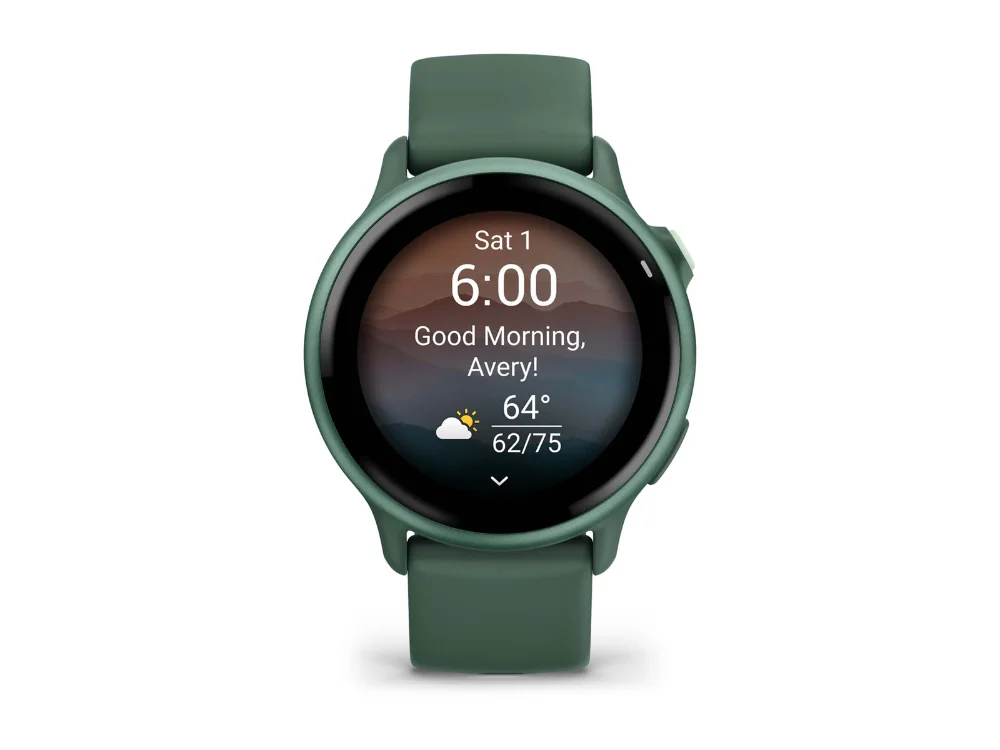 Garmin Vivoactive 6, зелёный металлик, зелёный силиконовый ремешок — вид спереди, другой экран