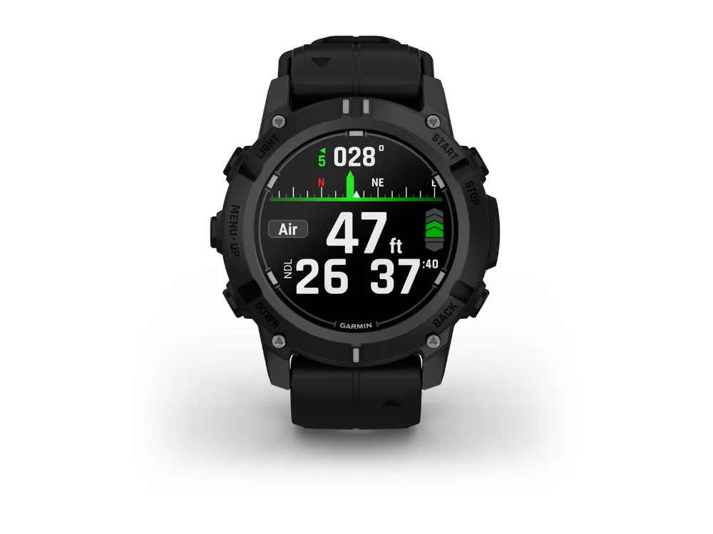 Garmin Descent G2, чёрный, чёрный силиконовый ремешок — вид спереди