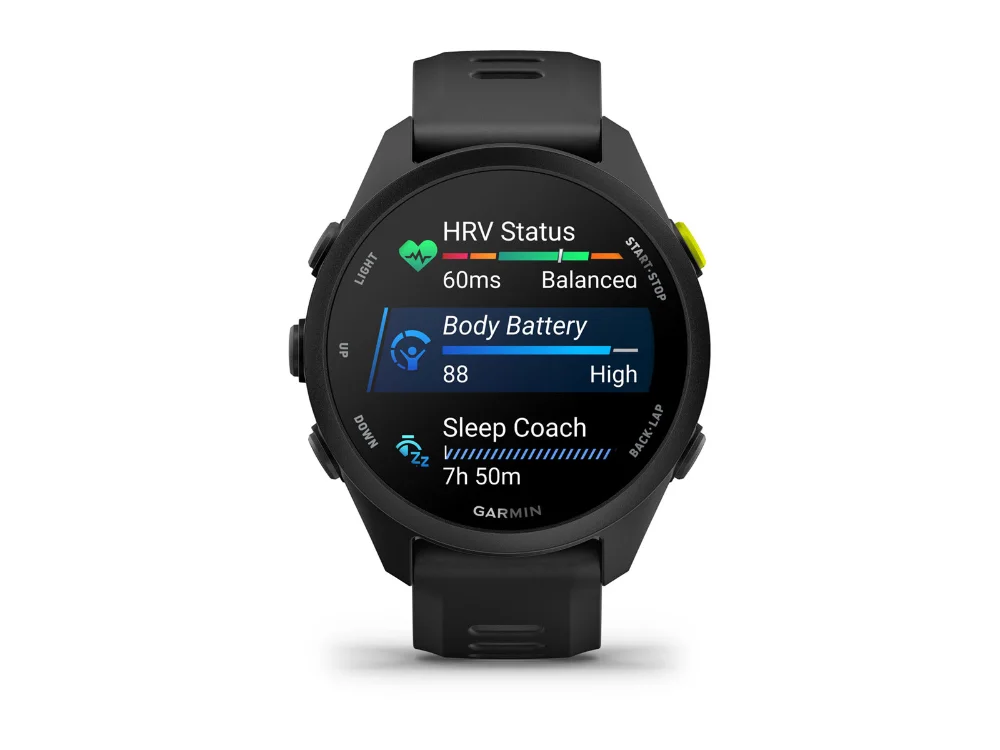 Garmin Forerunner 70, чёрный, чёрный силиконовый ремешок — вид спереди